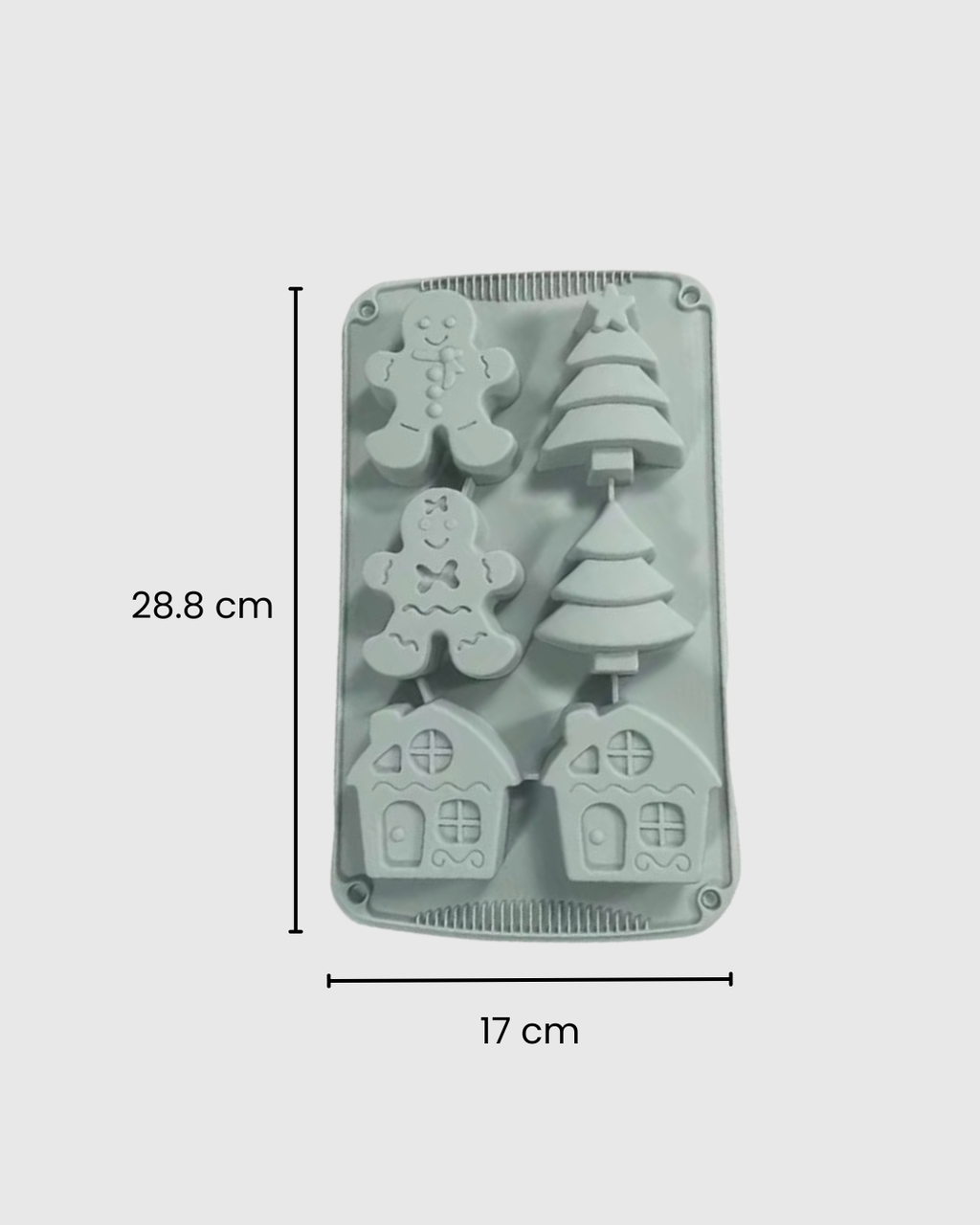 Molde de silicona navideño 6 cavidades – Muñeco de jengibre, árbol y casa
