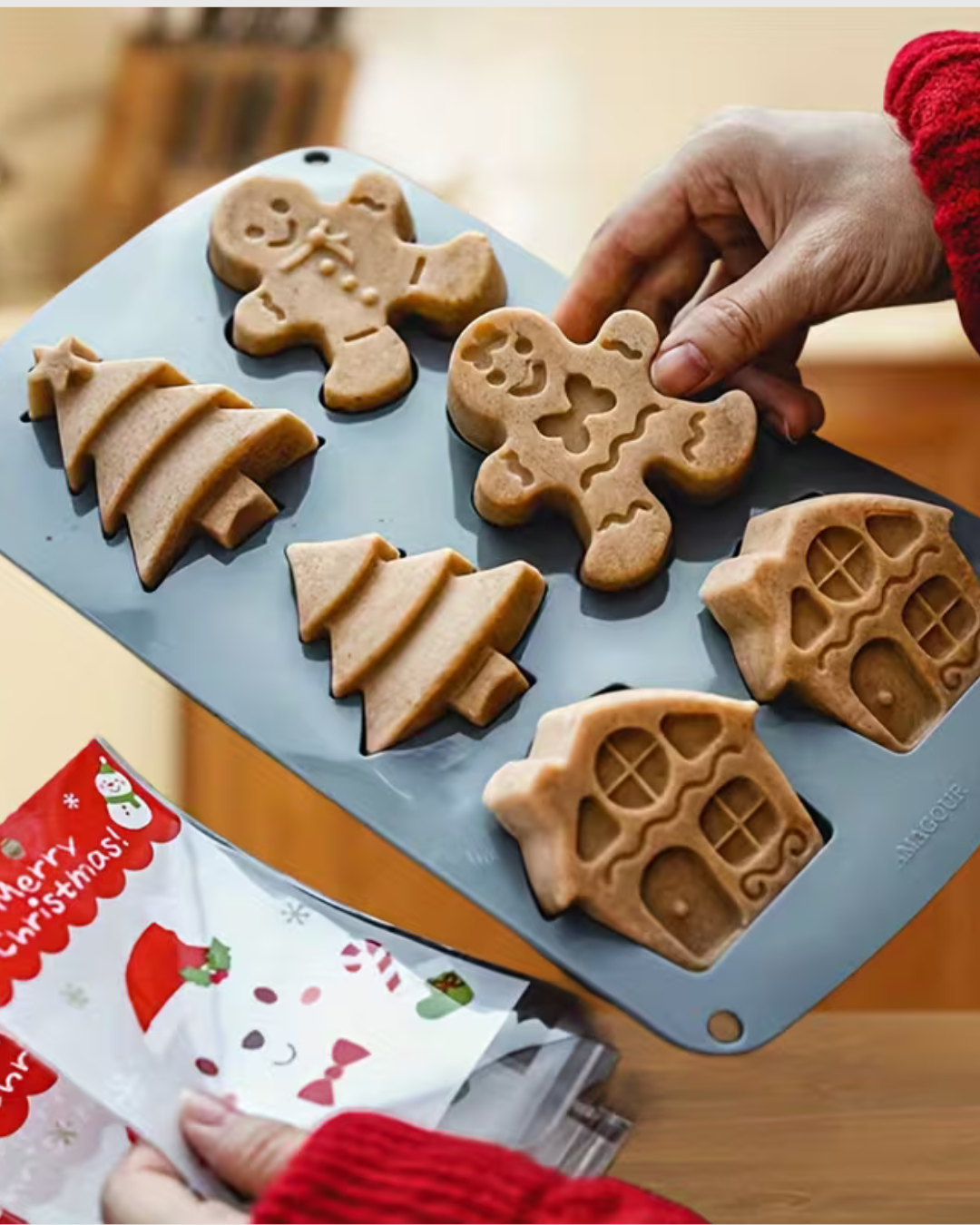 Molde de silicona navideño 6 cavidades – Muñeco de jengibre, árbol y casa