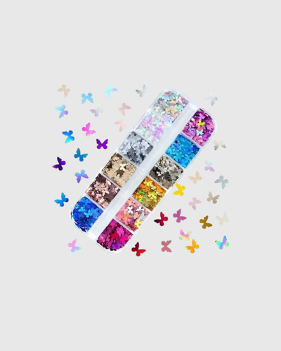 Caja con lentejuelas brillantes en forma de mariposa