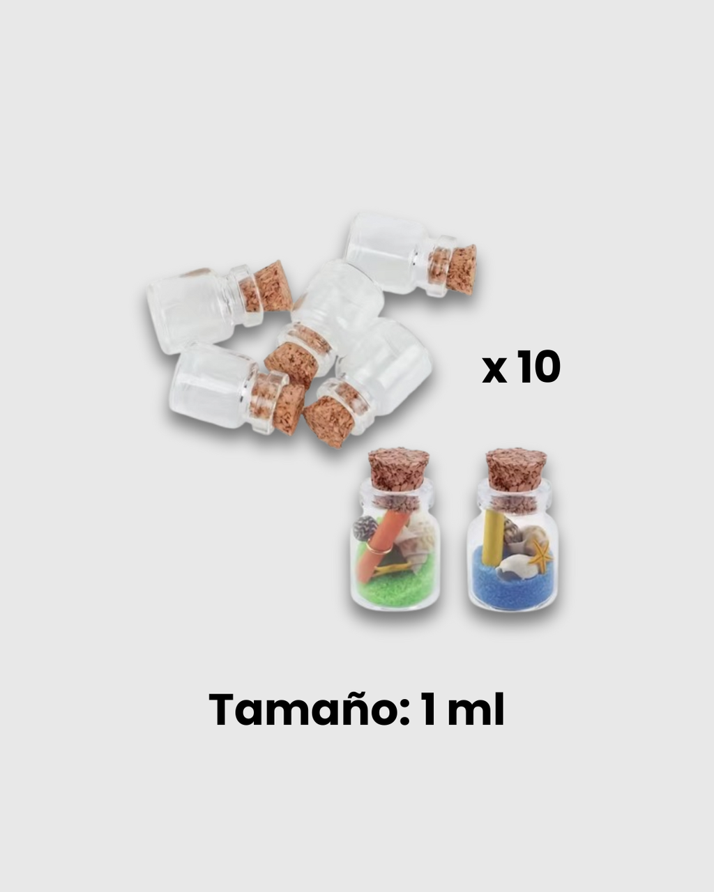10 minis botellas de vidrio con tapón de corcho (1 ml)
