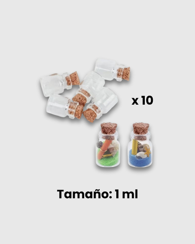 10 minis botellas de vidrio con tapón de corcho (1 ml)