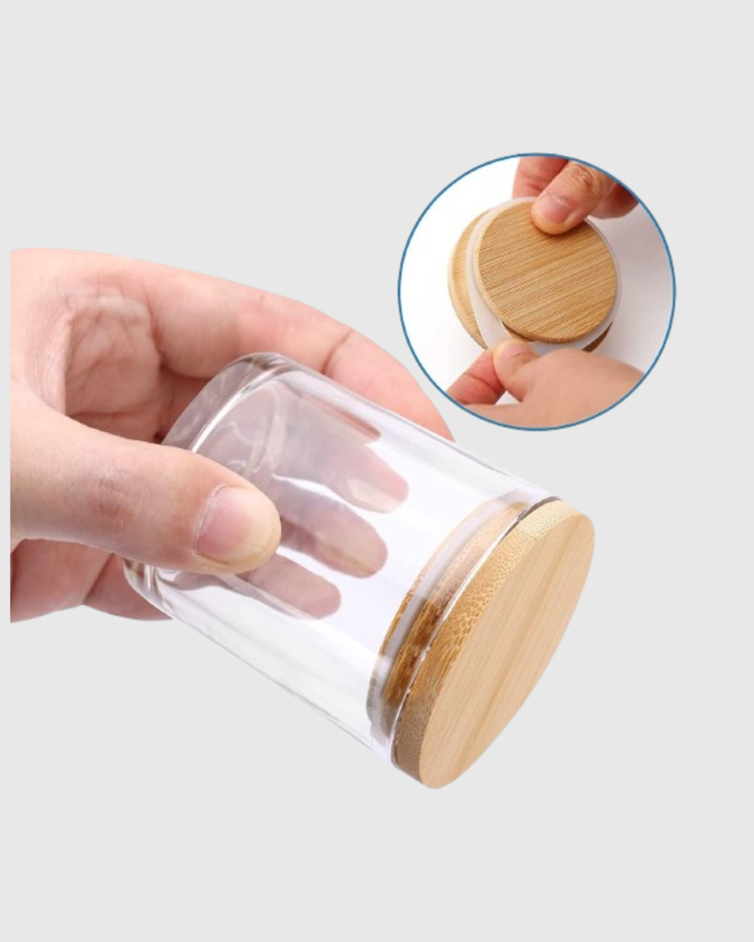 Envase de Vidrio Transparente con Tapa de Bambú (7oz)