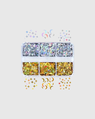 Caja de 6 compartimientos con Lentejuelas Holográficas de Luna y Estrellas