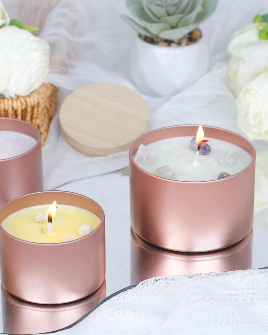 Recipiente de Metal Oro Rosa Tapa Color Madera – 8oz (235ml)