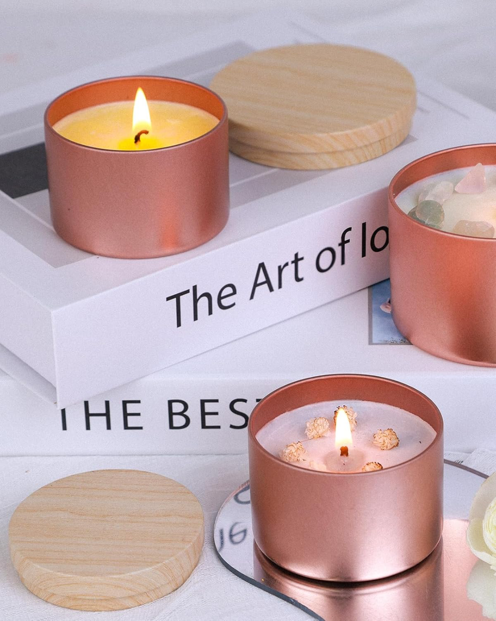 Recipiente de Metal Oro Rosa Tapa Color Madera – 8oz (235ml)