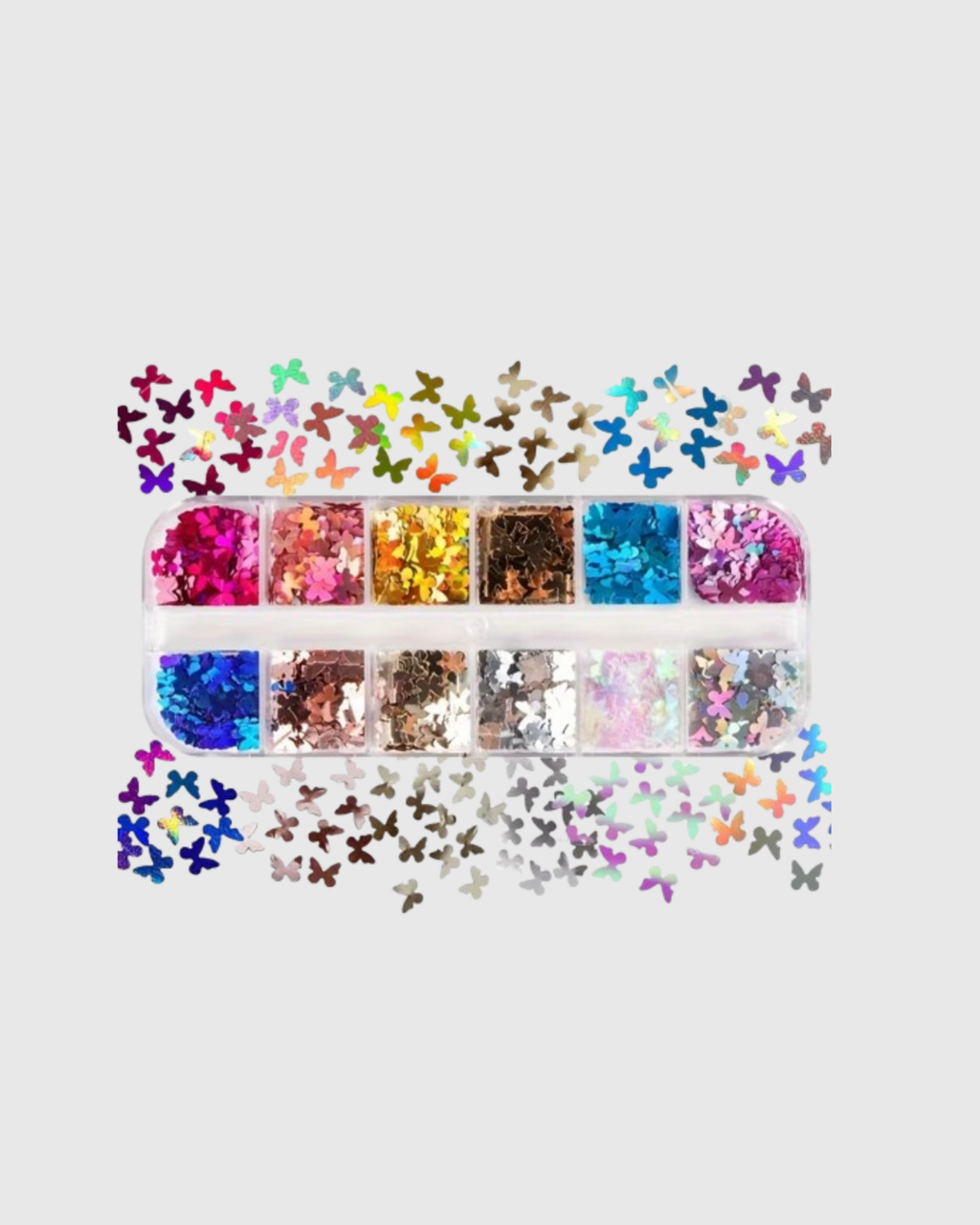 Caja con lentejuelas brillantes en forma de mariposa