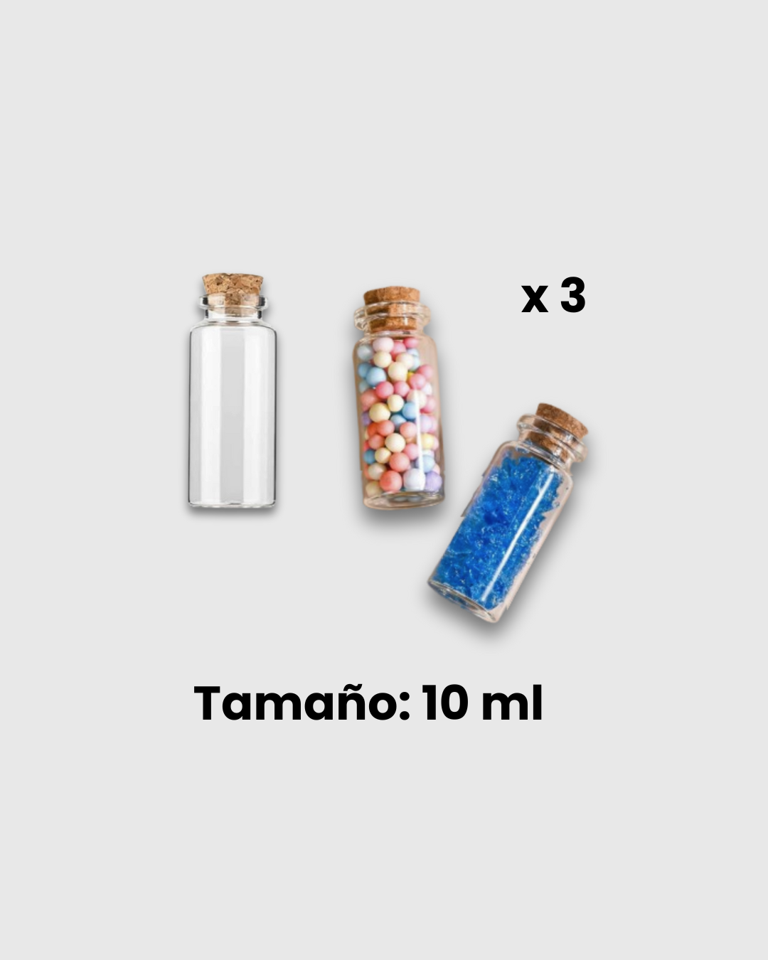 3 minis botellas de vidrio con tapón de corcho (10 ml)