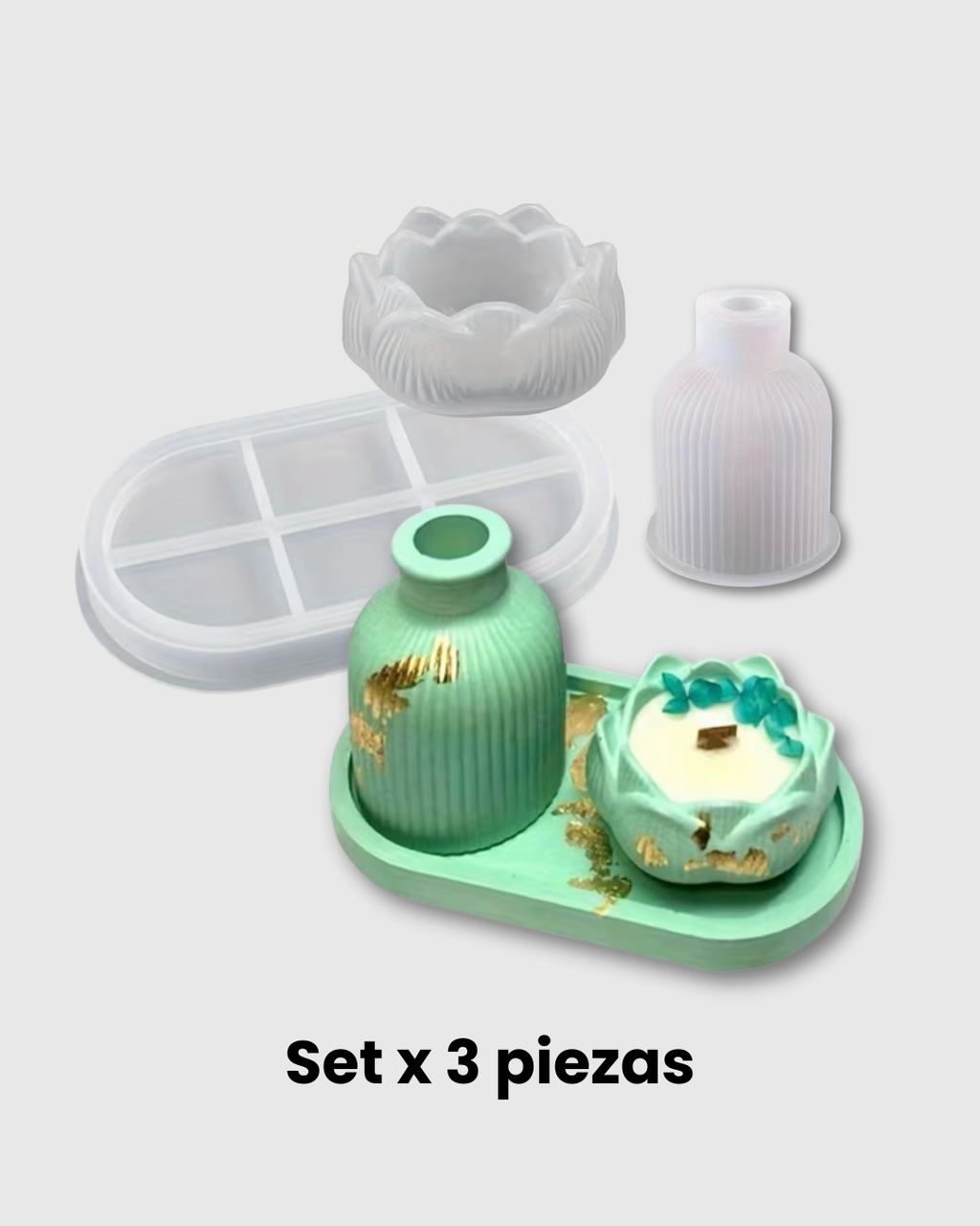 Set de 3 Moldes de Silicona – Flor de Loto, Jarrón Rayado y Bandeja