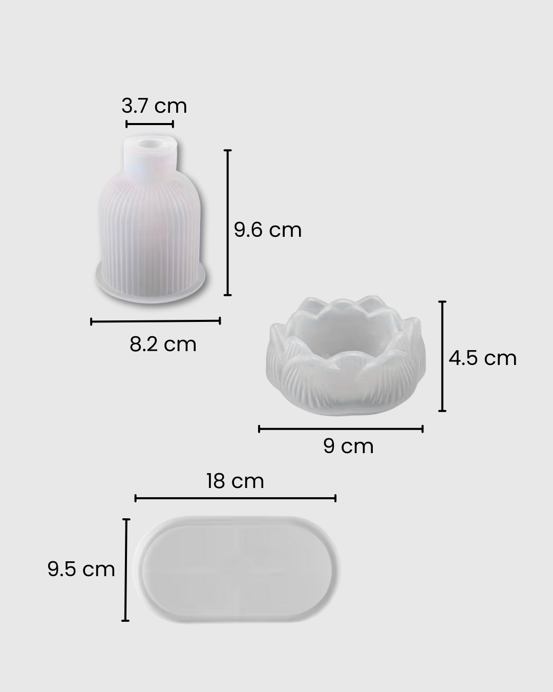 Set de 3 Moldes de Silicona – Flor de Loto, Jarrón Rayado y Bandeja