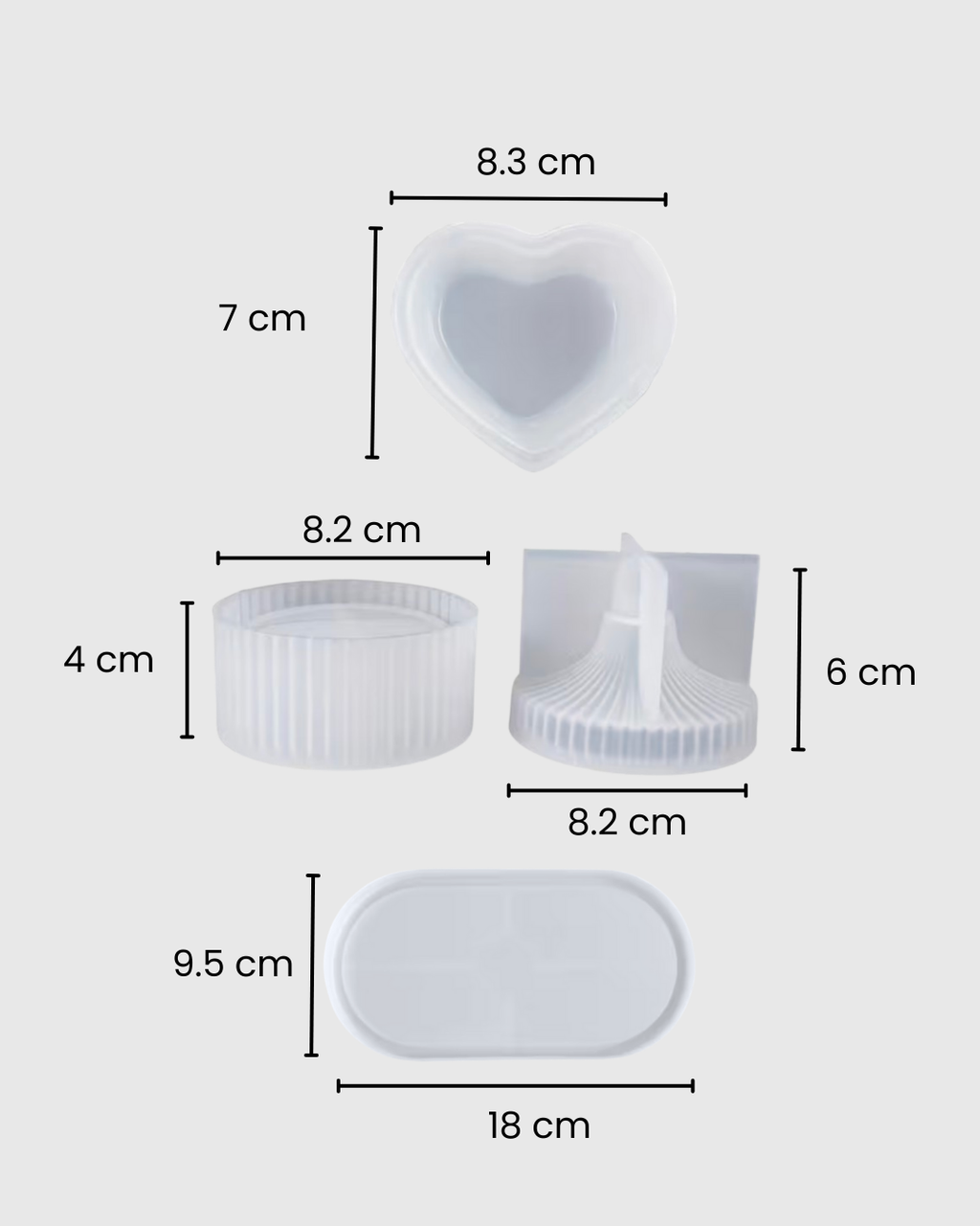 Set de Moldes de Silicona – Bandeja, Recipiente con Rayas y Recipiente en Forma de Corazón