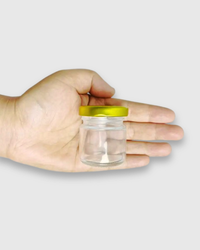 Frasco de vidrio 44 ml con tapa metálica dorada