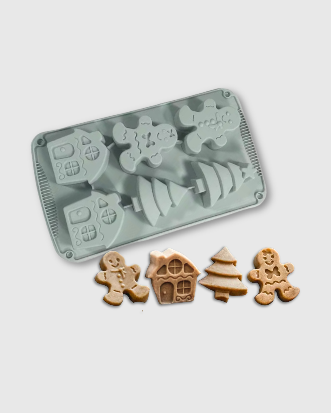 Molde de silicona navideño 6 cavidades – Muñeco de jengibre, árbol y casa