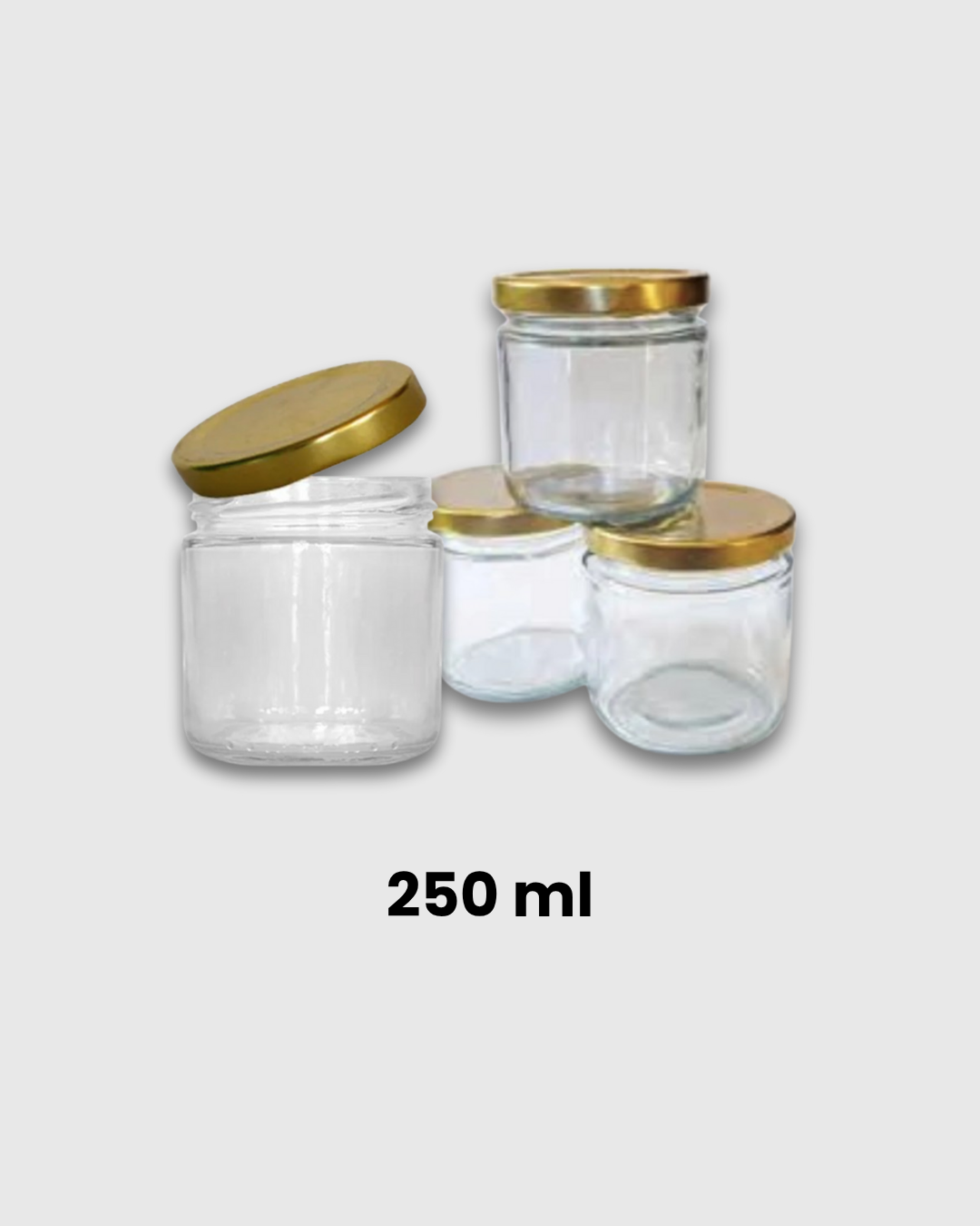 Frasco de vidrio 250 ml con tapa metálica dorada