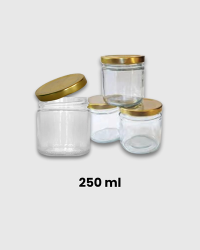 Frasco de vidrio 250 ml con tapa metálica dorada