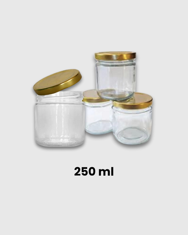 Frasco de vidrio 250 ml con tapa metálica dorada